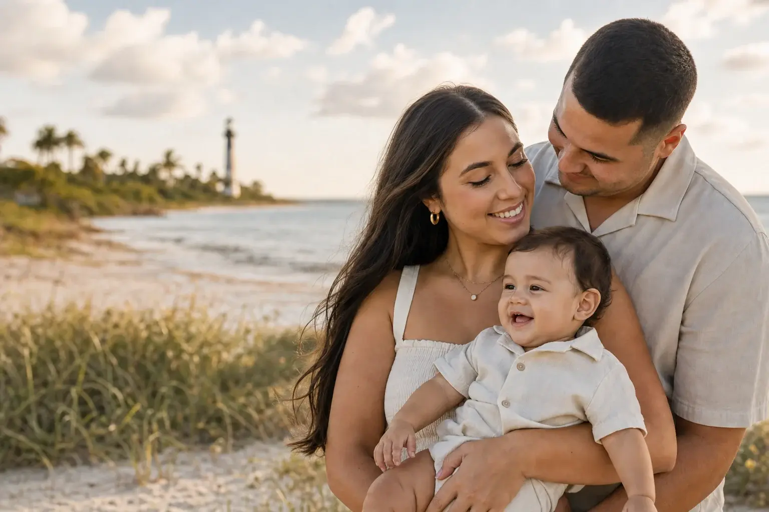 A mother and father holding their smiling baby near the coast
