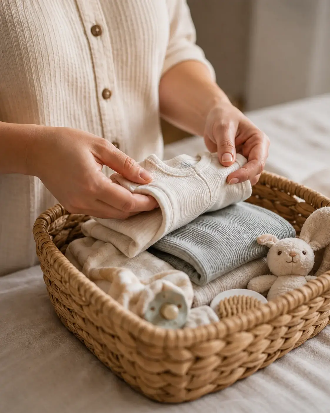 Hands folding baby clothing into a basket of practical essentials