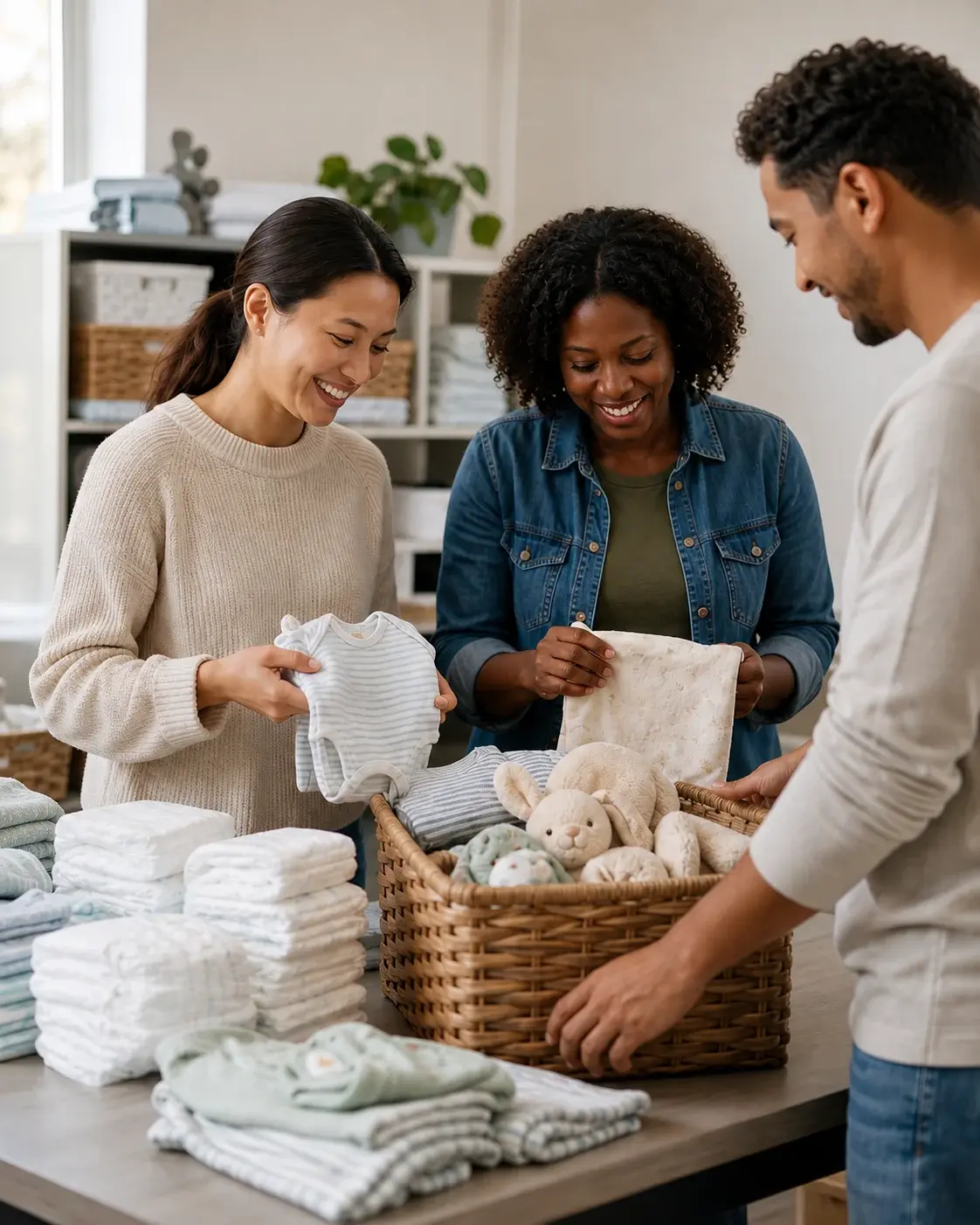 Volunteers organizing diapers and baby clothing together